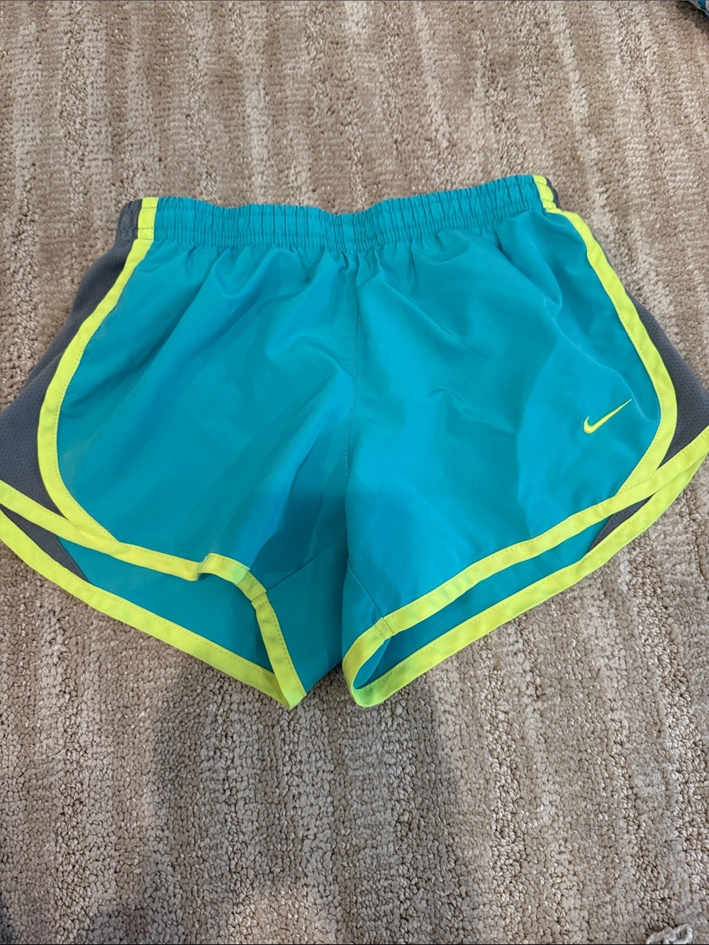 Nike Women's Teal Running Shorts with Neon Lime Trim